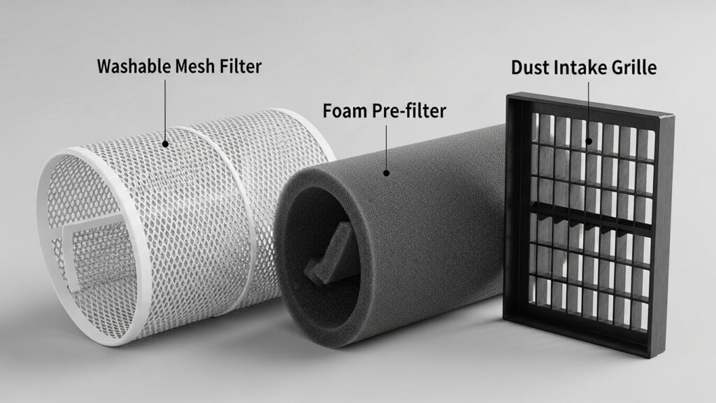 Filter and intake screen types used in portable air conditioners and portable heaters, including washable mesh, foam pre-filter, and dust intake grille