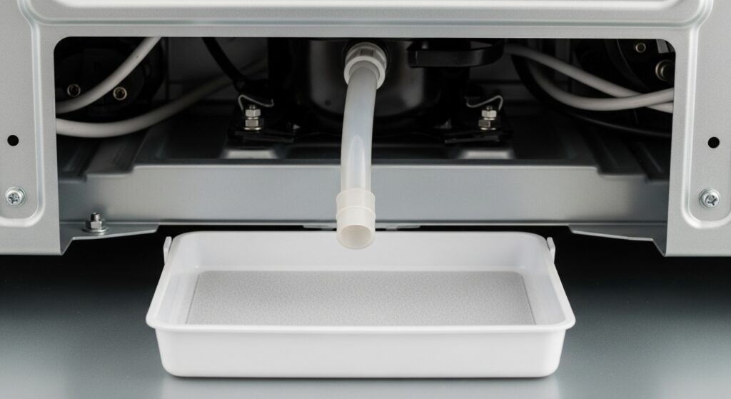 Rear drain tube and drain pan area behind a refrigerator showing where defrost water collects and how misalignment can contribute to leaks