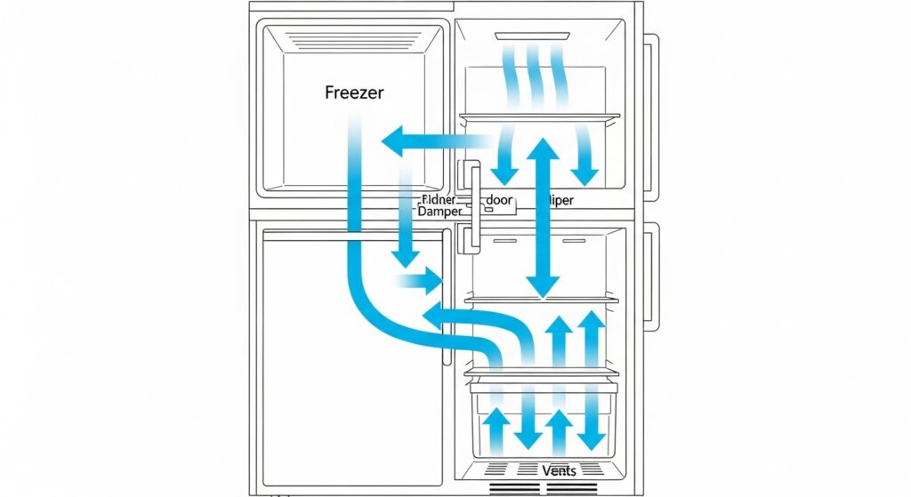 Simple airflow diagram showing freezer cold air moving through the damper door into the refrigerator compartment and returning through vents