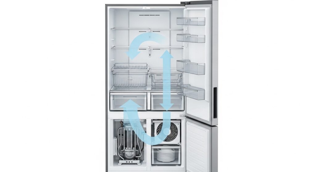 Cutaway-style airflow diagram showing cold air moving from the freezer evaporator fan through the damper into the refrigerator section and returning through vents