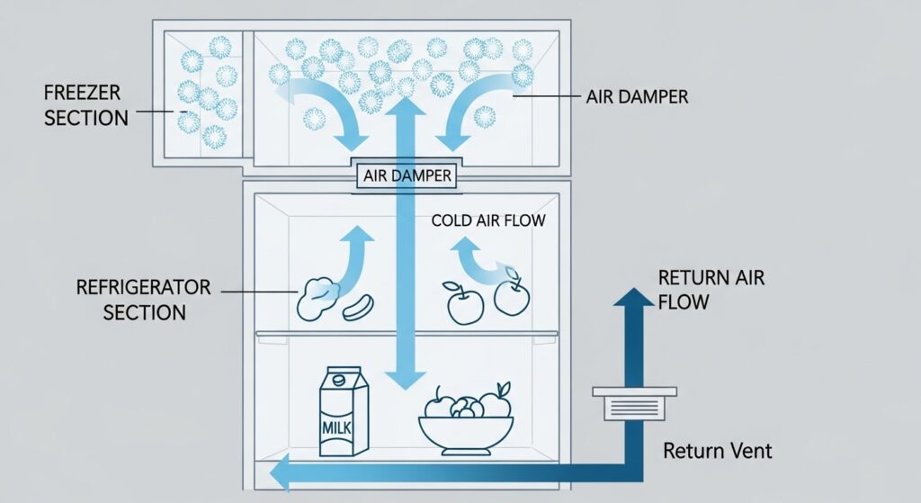 Diagram showing freezer cold air moving through an air damper into the refrigerator section and returning through a vent