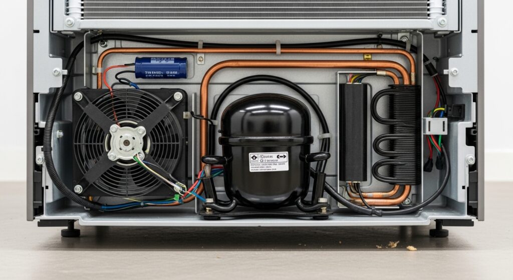 Back-bottom view of a refrigerator showing compressor area, condenser fan location, and where to listen for humming or clicking