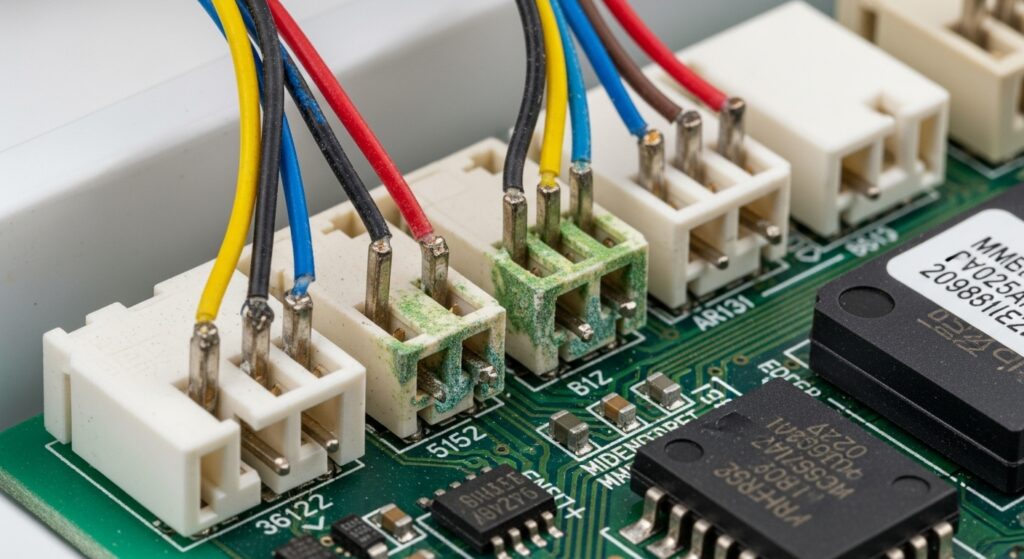 Close-up of refrigerator control board connector area showing how loose plugs or corrosion can interrupt cooling signals