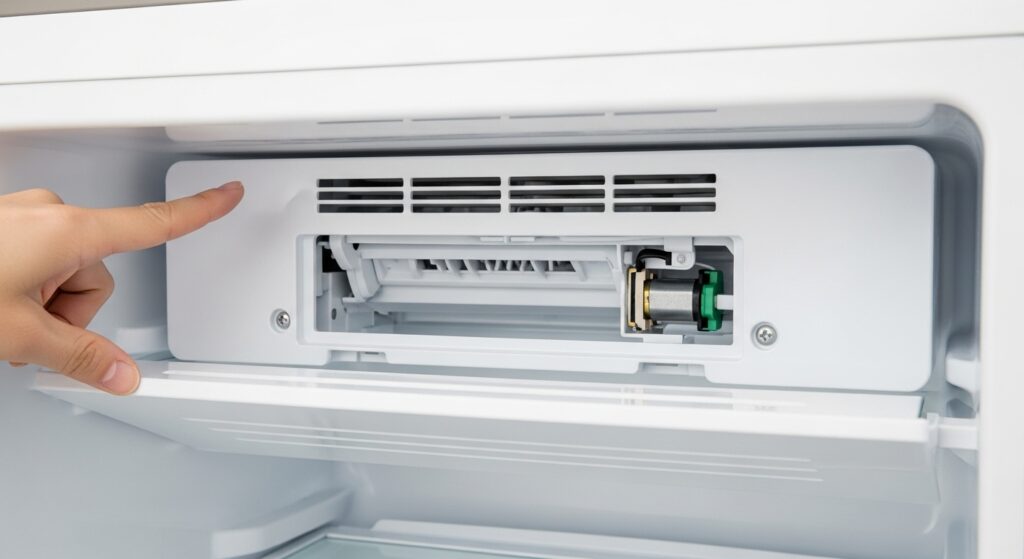 Refrigerator fresh-food compartment upper vent area showing where the damper door typically sits and how to inspect it without forcing the flap