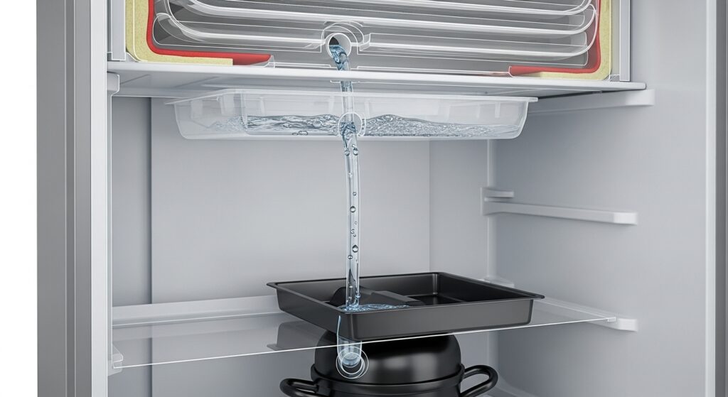 Refrigerator defrost drain path guide showing meltwater flowing into the drain hole, through the tube, and down to the drain pan underneath