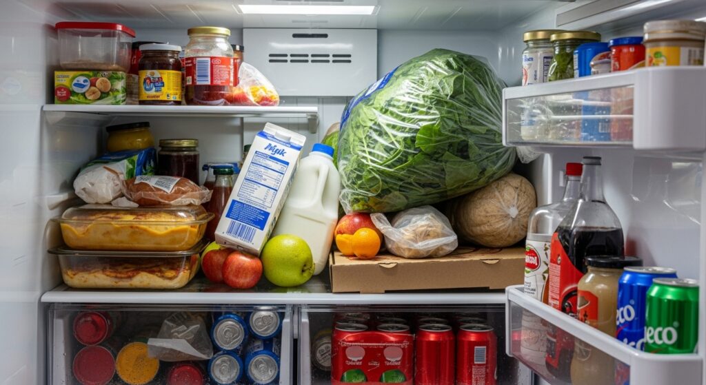 Overpacked refrigerator shelves blocking the cold air vent and causing warm spots in the fridge compartment