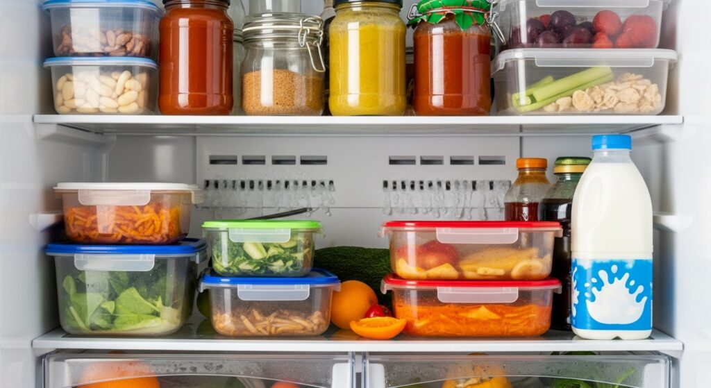 Overpacked refrigerator shelf blocking the cold-air vent and return vent, reducing airflow to the refrigerator compartment