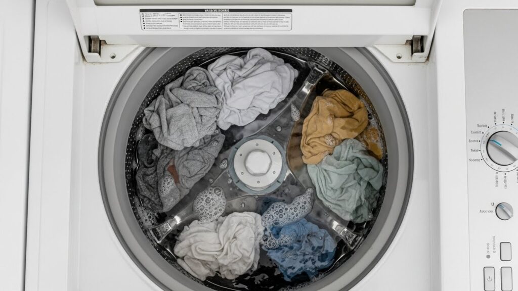 Looking into a top-load washer during the wash phase to confirm the agitator is not moving even though the tub is filled