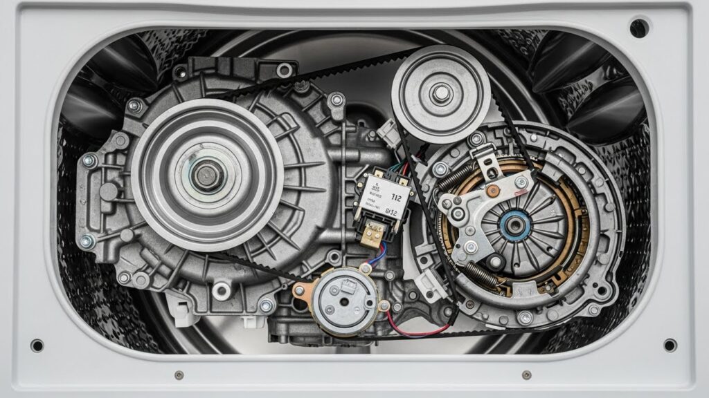 Top-load washer drive engagement overview showing belt, clutch or splutch, and actuator area that can prevent spinning even when the washer drains