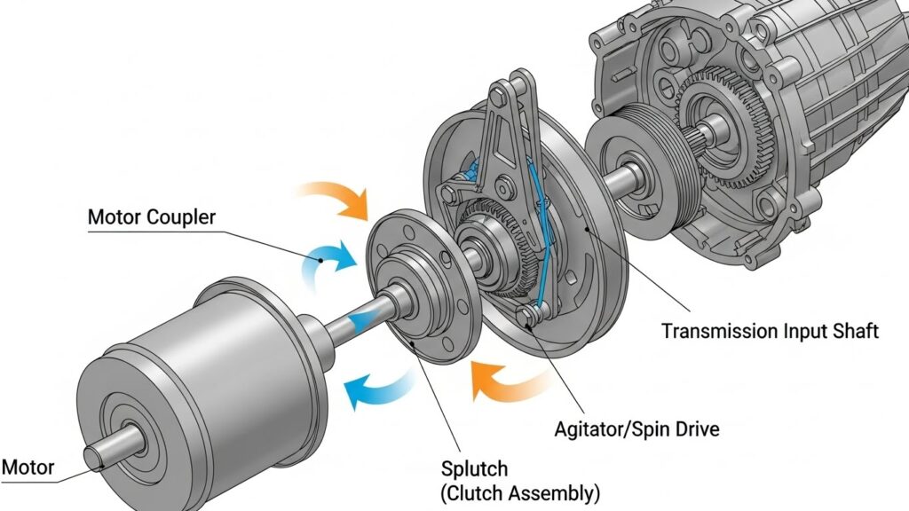 Concept view of a top-load washer drive connection area showing where a motor coupler or clutch-style splutch transfers motor motion to agitation and spin