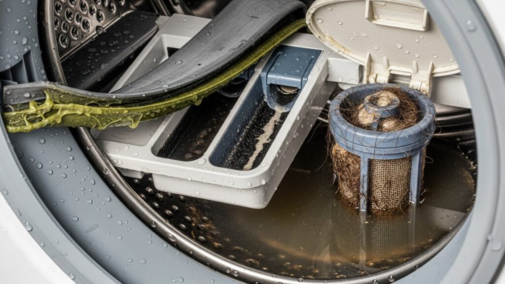 Biofilm hotspots in a washing machine including door gasket folds, detergent dispenser channel, and pump filter area where stagnant moisture can cause sewage-like odors