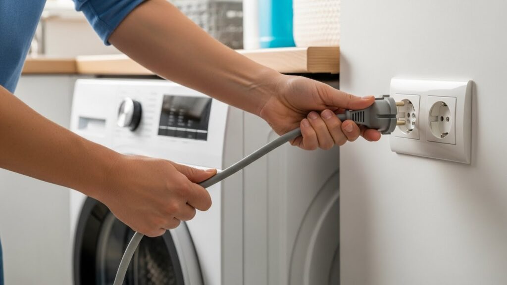 Unplugging a washer to perform a five-minute control reset before restarting