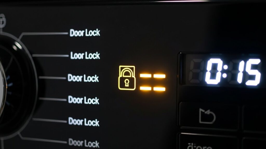 Washer door lock indicator blinking on a control panel suggesting the lock signal is unstable