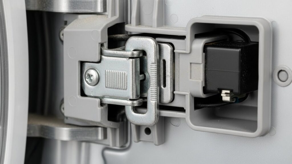 Close-up of a washer door latch and lock assembly showing the latch hook area where mechanical binding can keep the door stuck