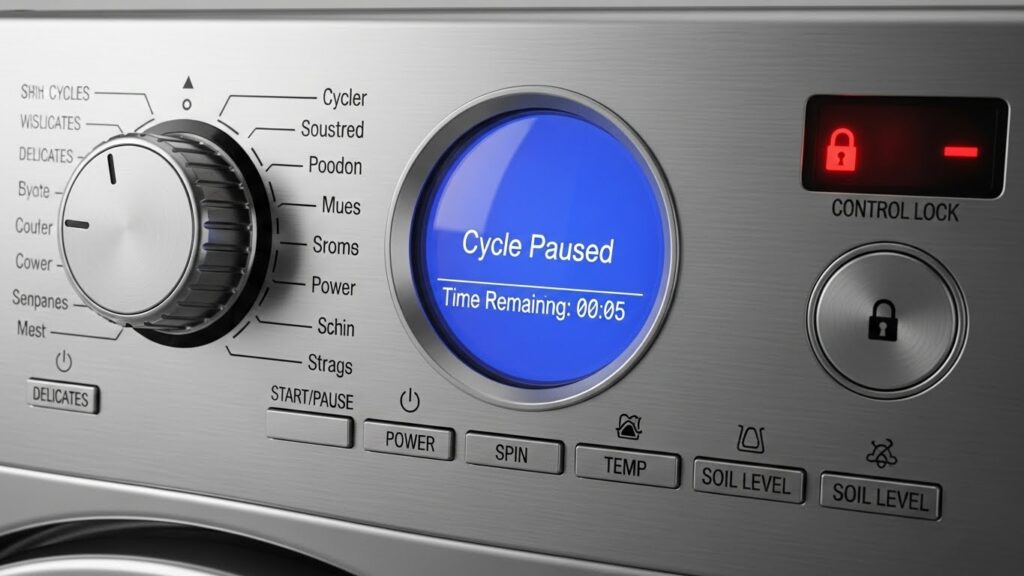 Washer control panel showing a Control Lock or Child Lock indicator light that can keep the door from unlocking even when the cycle is paused