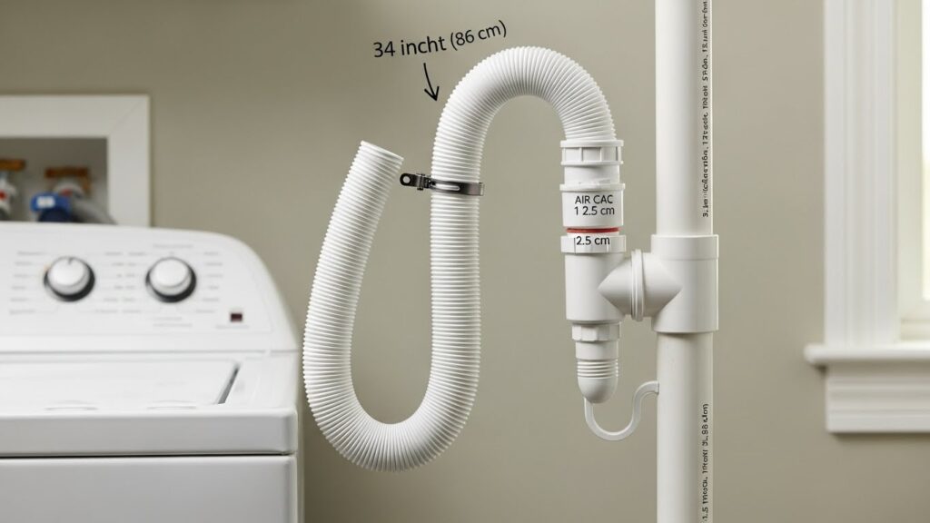 Drain hose setup showing proper height and an air gap to prevent siphoning while the washer is filling