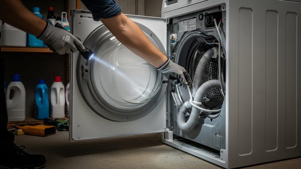 Checking behind a washer for a kinked or crushed drain hose that can stop the cycle during draining