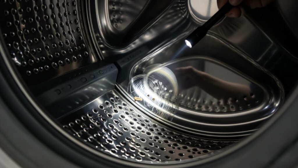 Looking inside a washer drum with a flashlight to check for rubbing marks or a foreign object that could cause a grinding or scraping noise