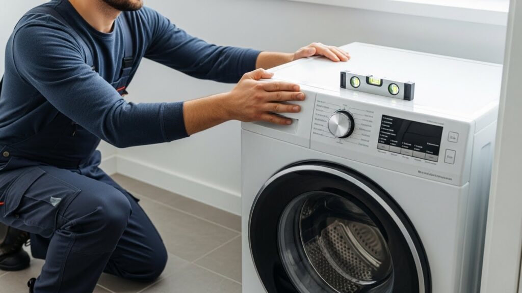 Checking a washer for rocking at the corners and confirming stable footing to reduce vibration and grinding-like noises during spin
