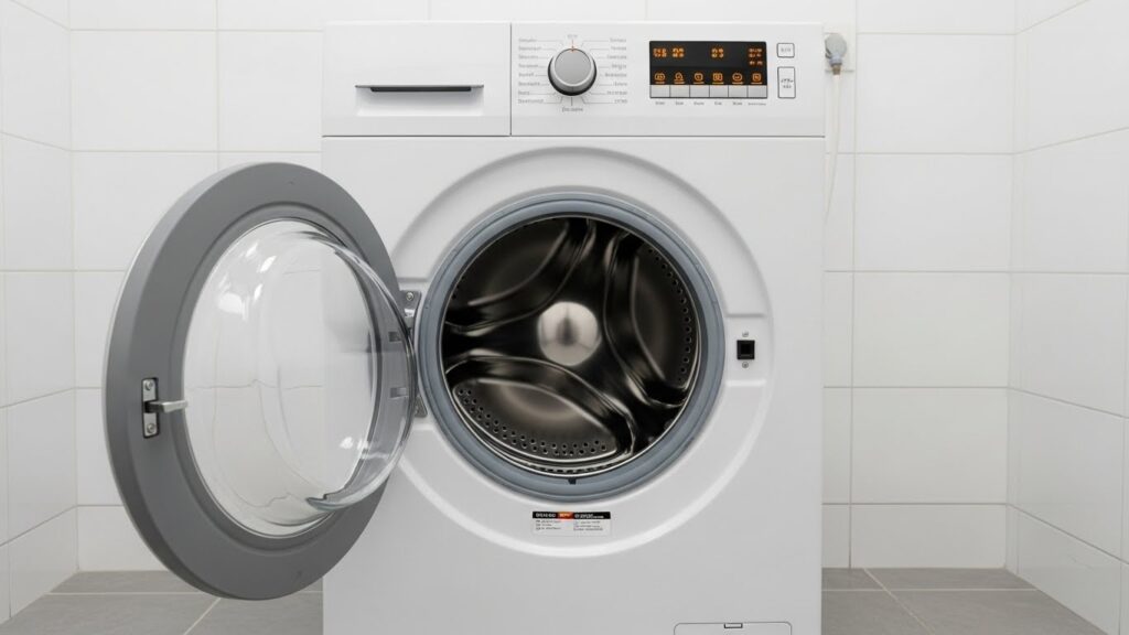 Running a washer on an empty-drum spin test to check whether a grinding noise continues without laundry inside