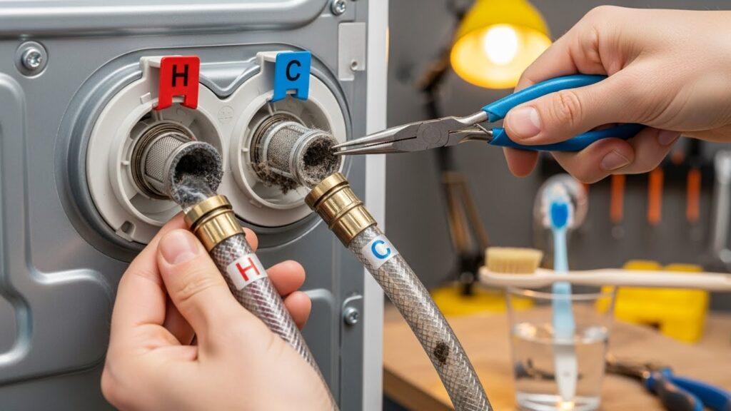 Close-up of washer inlet ports showing how to inspect and gently clean clogged inlet screens that cause slow filling