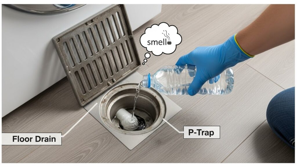 10-minute sniff and isolate test for washer sewage smell showing standpipe check, floor drain check, and drum/gasket check to separate plumbing pathway from biofilm