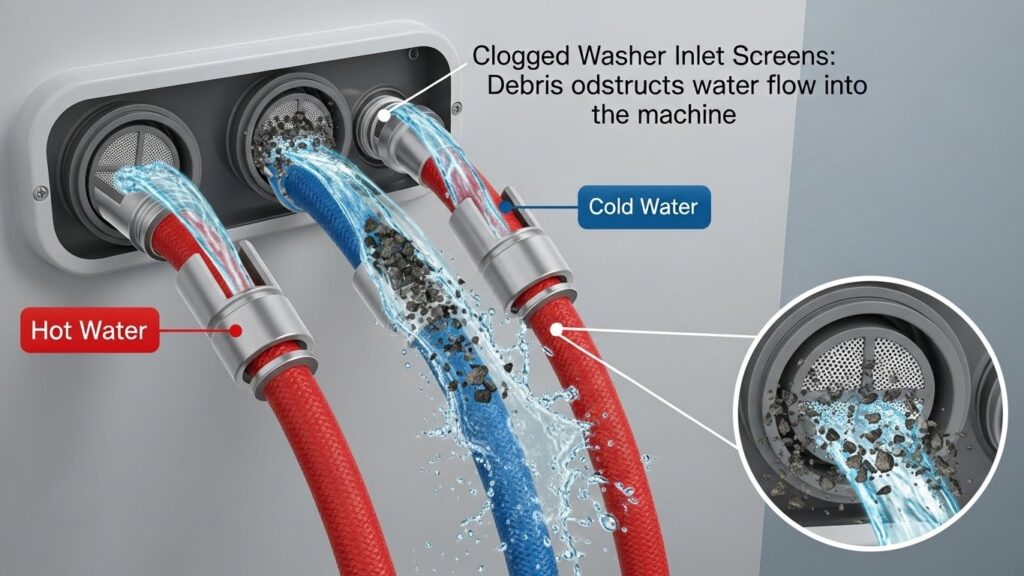 Diagram comparing three slow-fill causes: low house water pressure, clogged washer inlet screens, and drain-hose siphoning while filling