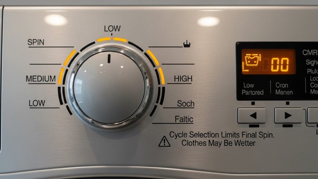 Washer control panel showing spin speed options (low, medium, high) and how cycle selection can limit final spin, leaving clothes wetter