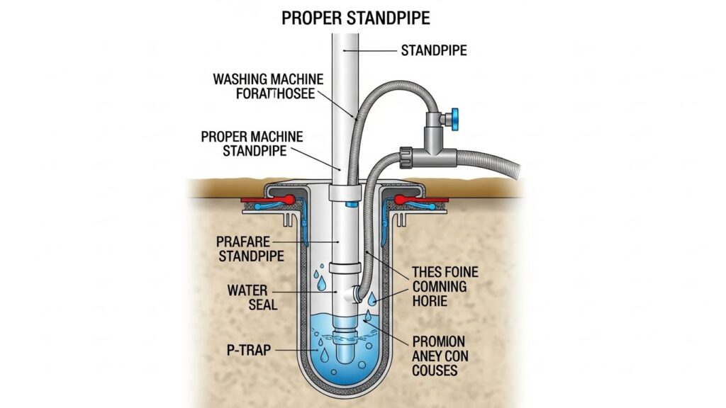 Washer standpipe setup showing P-trap water seal, correct air gap, and how airtight or too-deep hose insertion can cause siphoning and sewer odor