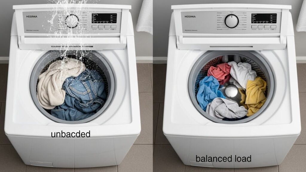 Unbalanced washer load example with one heavy item clumped on one side versus a balanced load with similar-weight items distributed evenly for stable high-speed spin