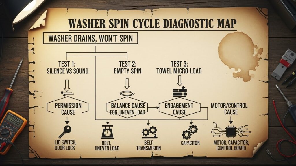 Diagnostic map for washer that drains but won’t spin, using silence vs sound plus empty spin and towel micro-load tests to identify permission, balance, engagement, or motor/control causes