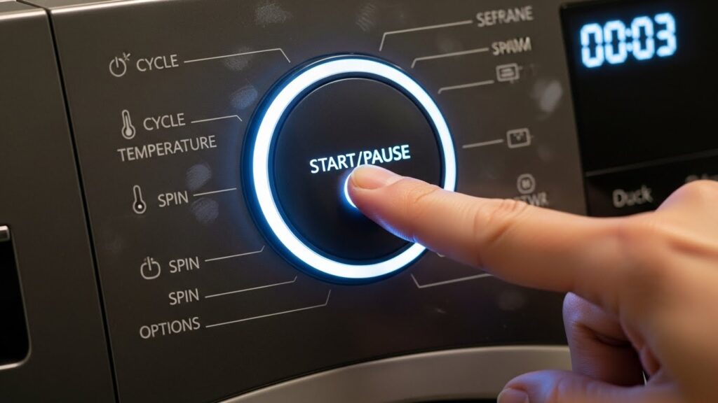 Close-up of a washer control panel showing the Start button being pressed and held